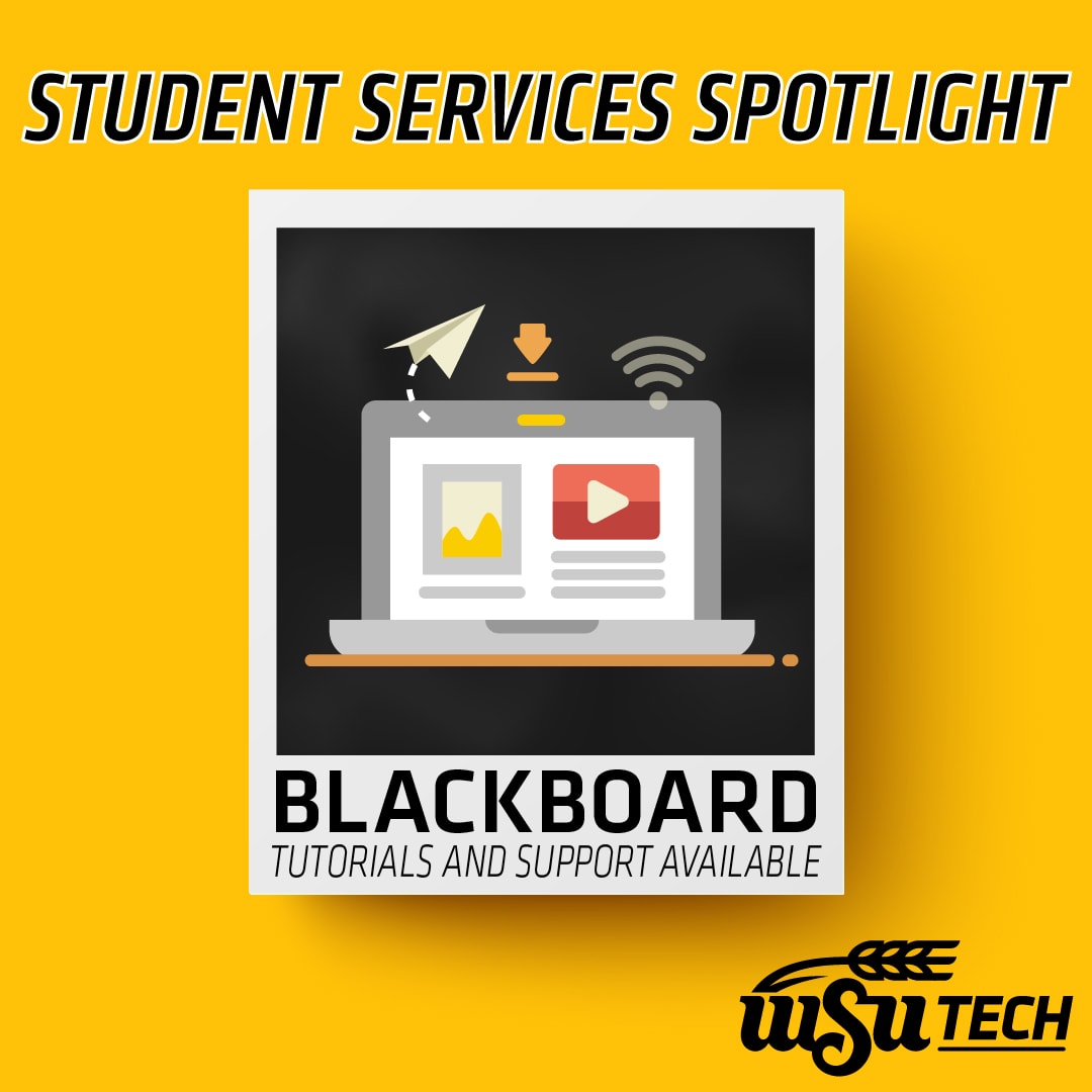 Student Services Spotlight , Blackboard tutorials and support available. picture of a computer screen and paper airplane.