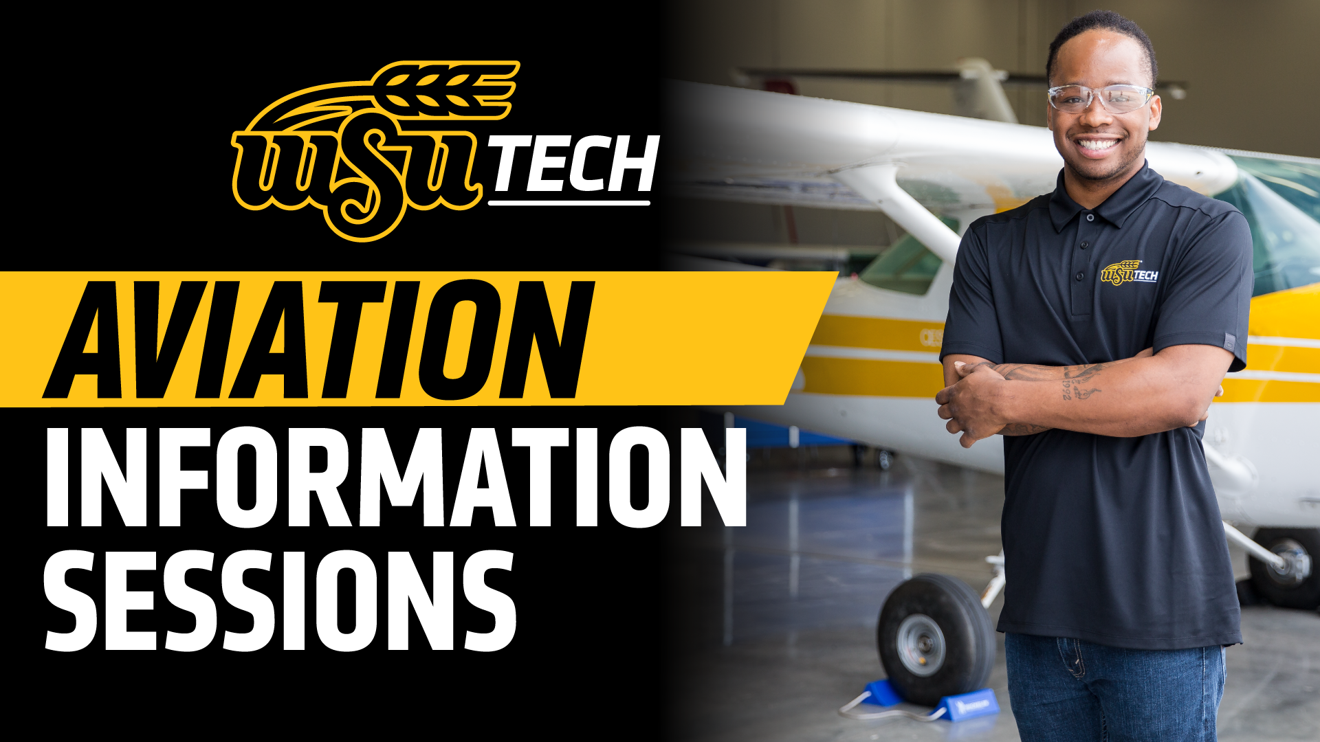 WSU TECH AVIATION INFORMATION SESSION. MAN SMILING IN FRONT OF SMALL PLANE