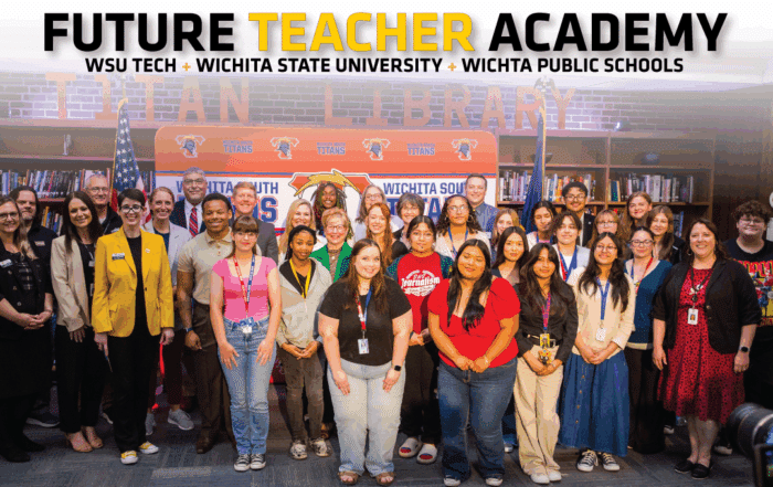 GROUP OF STUDENTS AND SCHOOL ADMINISTRATORS SMILING. FUTURE TEACHER ACADEMY WS TECH WICHITA STATE UNIVERSITY WICHITA PUBLIC SCHOOLS