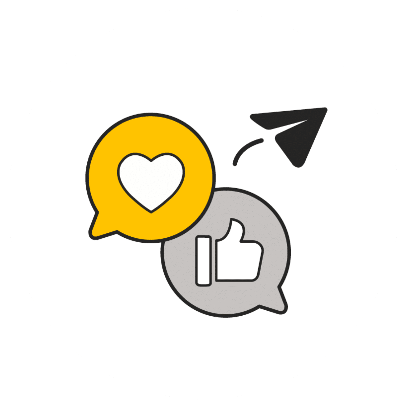 WSU Tech Shock Starter Collaboration Icon, two comment circles, grey and yellow, with black airplane icon moving outward to the right