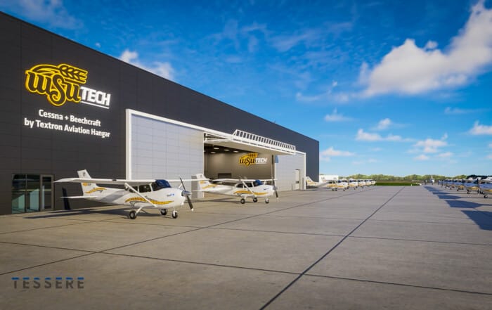 Cessna+Beechcraft by Textron Aviation Hangar. Aviation Hangar at WSU Tech with multiple planes on the apron and an open hangar door.