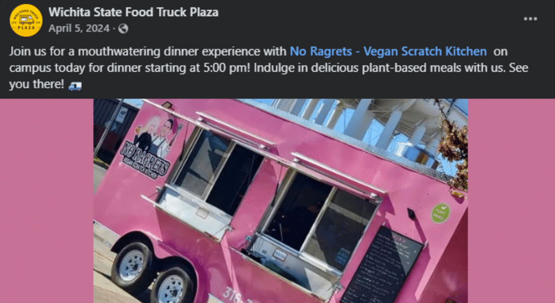 shock-starter-social-media-main-4 Facebook post from Wichita State Food Truck Plaza promoting No Ragrets Vegan Scratch Kitchen, featuring a bright pink food truck with serving windows and signage.