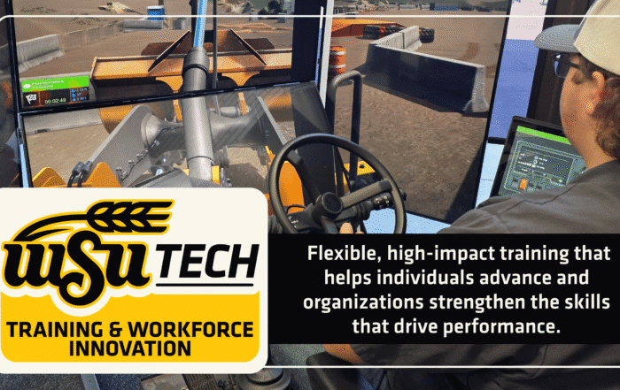 Male with a hat on driving a tractor simulator. Logo WSU Tech Training and Workforce Innovation. Flexible, high-impact training that helps individuals advance and organizations strengthen the skills that drive performance.