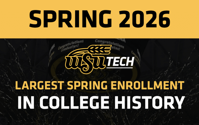 Spring 2026 WSU Tech Largest Spring Enrollment in College History. Background is confetti cannons going off at wsu tech graduation.