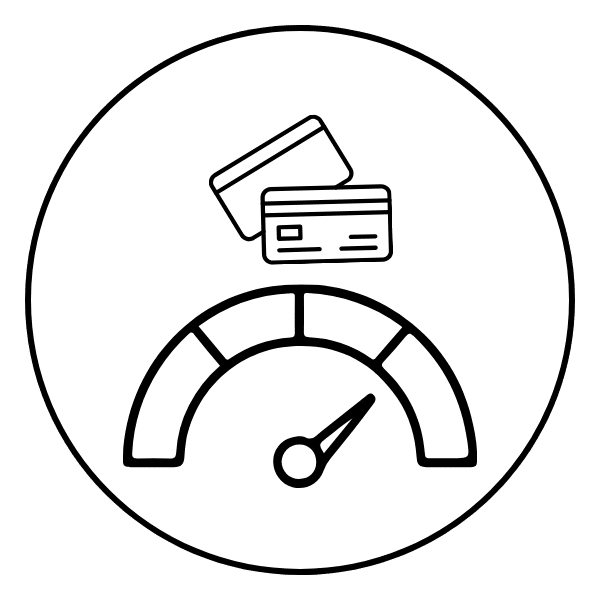 Credit Score Credit cards and gauge icon representing credit score or credit monitoring.
