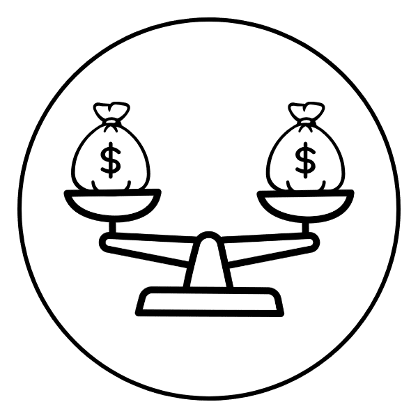 Managing Debt Balance scale with money bags icon representing debt management or financial balance.