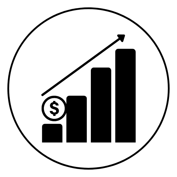 Saving & Investing Bar graph with upward arrow and dollar symbol representing saving and investing growth.