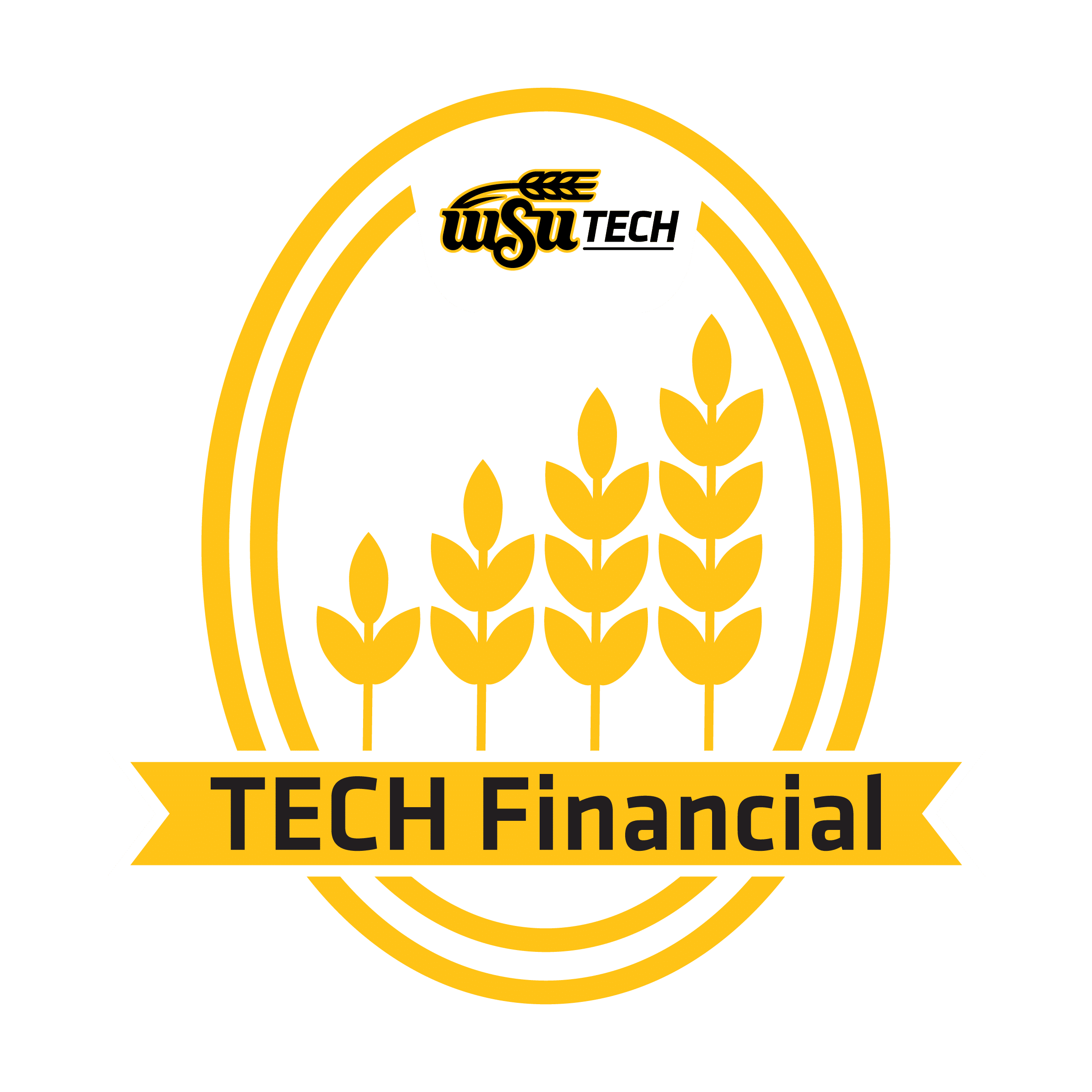 Tech-Financial_BlackBkgrnd_Web WSU Tech Tech Financial logo featuring a gold wheat emblem inside a gold and white oval with a banner reading “TECH Financial” on a dark background.