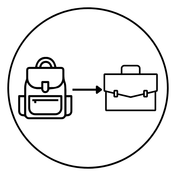 Transition to Work Backpack transitioning to briefcase icon representing transition from school to work or career readiness.
