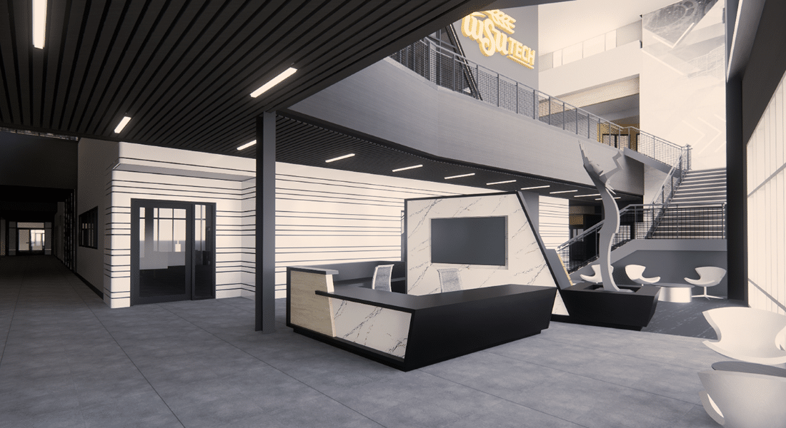 Capital Campaign 2026 Imagery-13 Architectural rendering of the future NCAT expansion lobby featuring a welcome desk, grand staircase, and collaborative gathering spaces