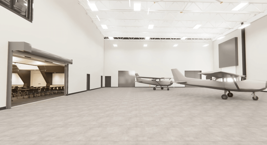 Capital Campaign 2026 Imagery-14 Architectural rendering of the future NCAT expansion aviation training hangar featuring aircraft and adjacent classroom space.