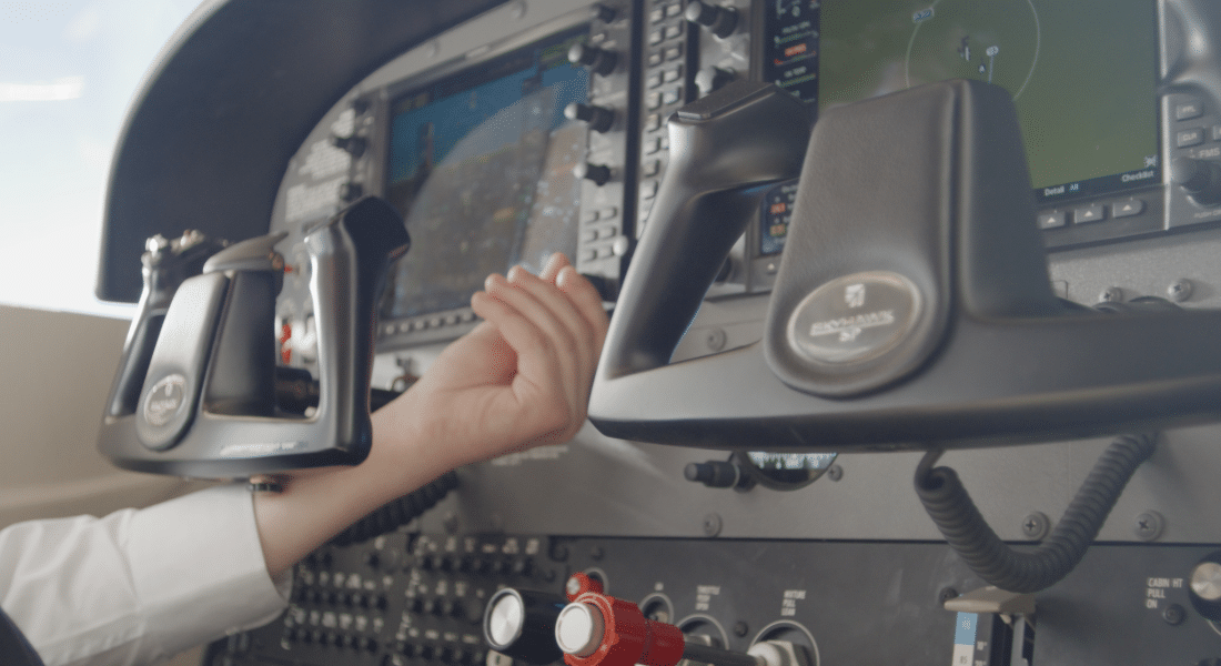 Capital Campaign 2026 Imagery-17 Student operates the controls of a flight training simulator during hands-on aviation instruction at WSU Tech.
