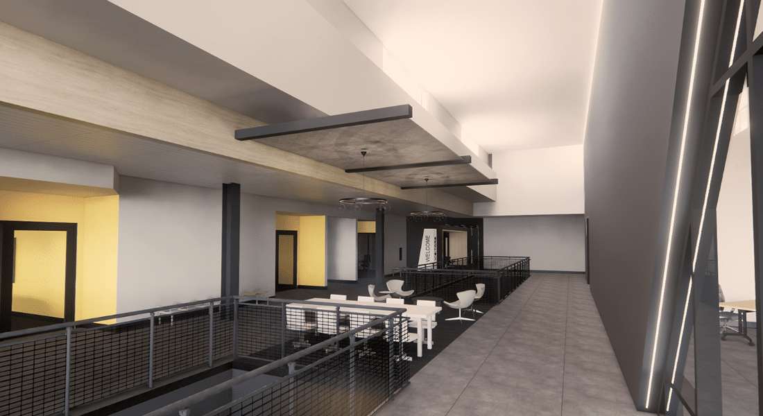 Capital Campaign 2026 Imagery-18 Architectural rendering of the future NCAT expansion featuring an upper-level collaborative learning space with study tables and lounge seating.