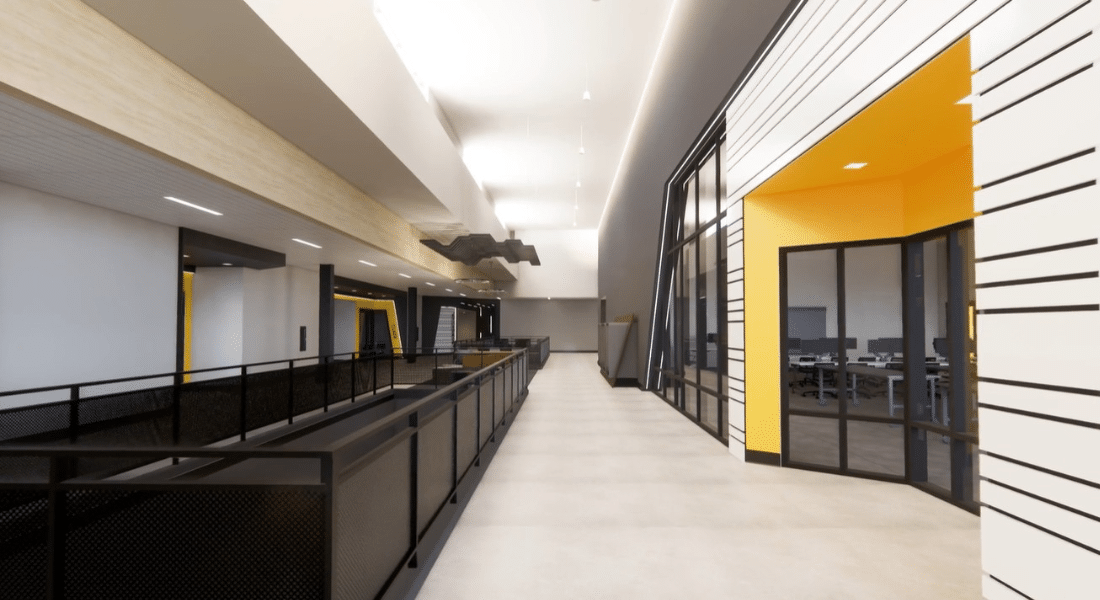 Capital Campaign 2026 Imagery-19 Architectural rendering of the future NCAT expansion featuring an upper-level corridor with classrooms and collaborative learning spaces.