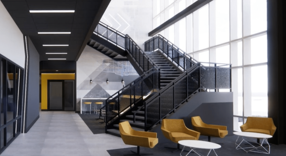 Capital Campaign 2026 Imagery-20 Architectural rendering of the future NCAT expansion lobby featuring a grand staircase, floor-to-ceiling windows, and student seating areas.