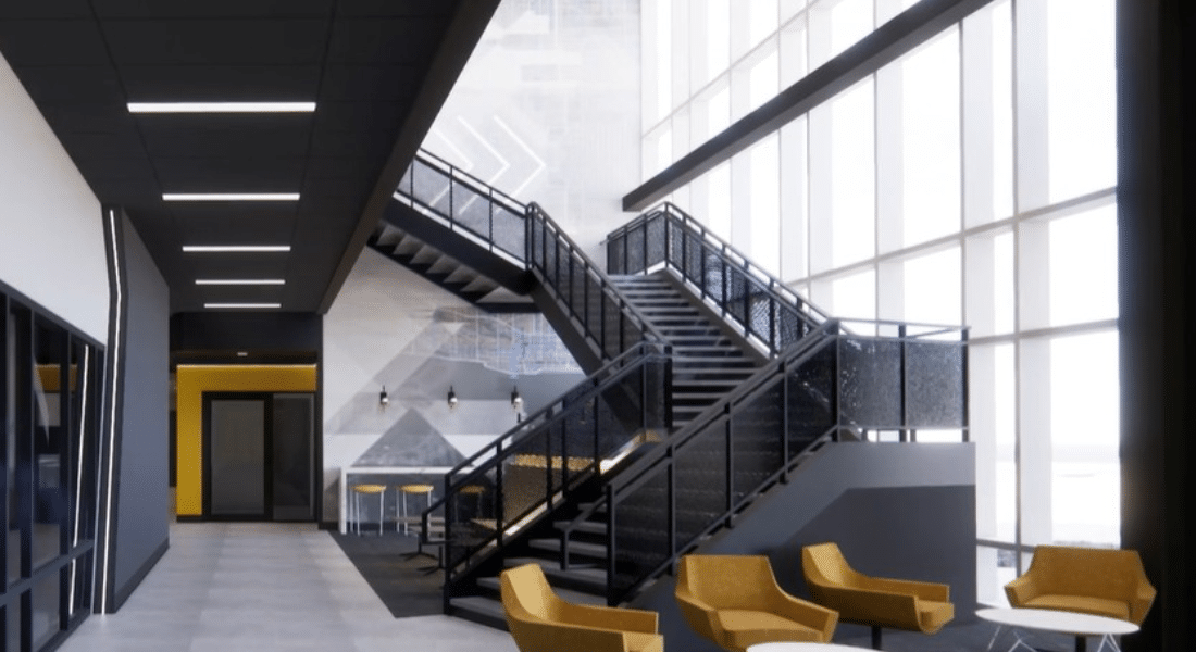 Capital Campaign 2026 Imagery-4 Architectural rendering of the NCAT expansion lobby featuring a grand staircase, seating areas, and floor-to-ceiling windows.