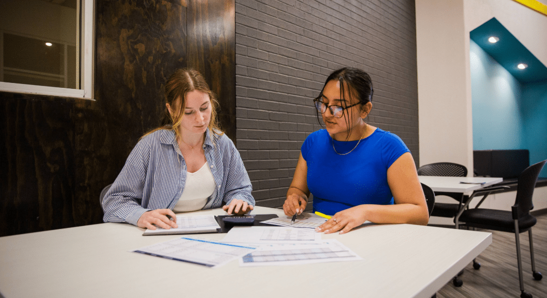 Capital Campaign 2026 Imagery-9 Two WSU Tech students review coursework together at a study table.