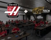 A robotics workshop classroom with rows of people in red shirts working at long tables, with “Gene Haas Foundation” and “WSU Tech” logos overlaid at the top. Disclaimer at bottom reads: Digital rendering. Not a photograph of the final space.