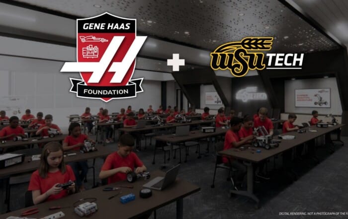 A robotics workshop classroom with rows of people in red shirts working at long tables, with “Gene Haas Foundation” and “WSU Tech” logos overlaid at the top. Disclaimer at bottom reads: Digital rendering. Not a photograph of the final space.