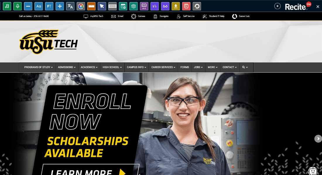 reciteme-toolbar-accessibility-hub WSU Tech website with the Recite Me accessibility toolbar displayed across the top of the page.